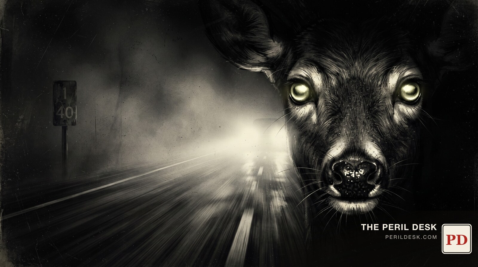 A deer's eyes catching headlights on a dark rural road. Original art for The Peril Desk.