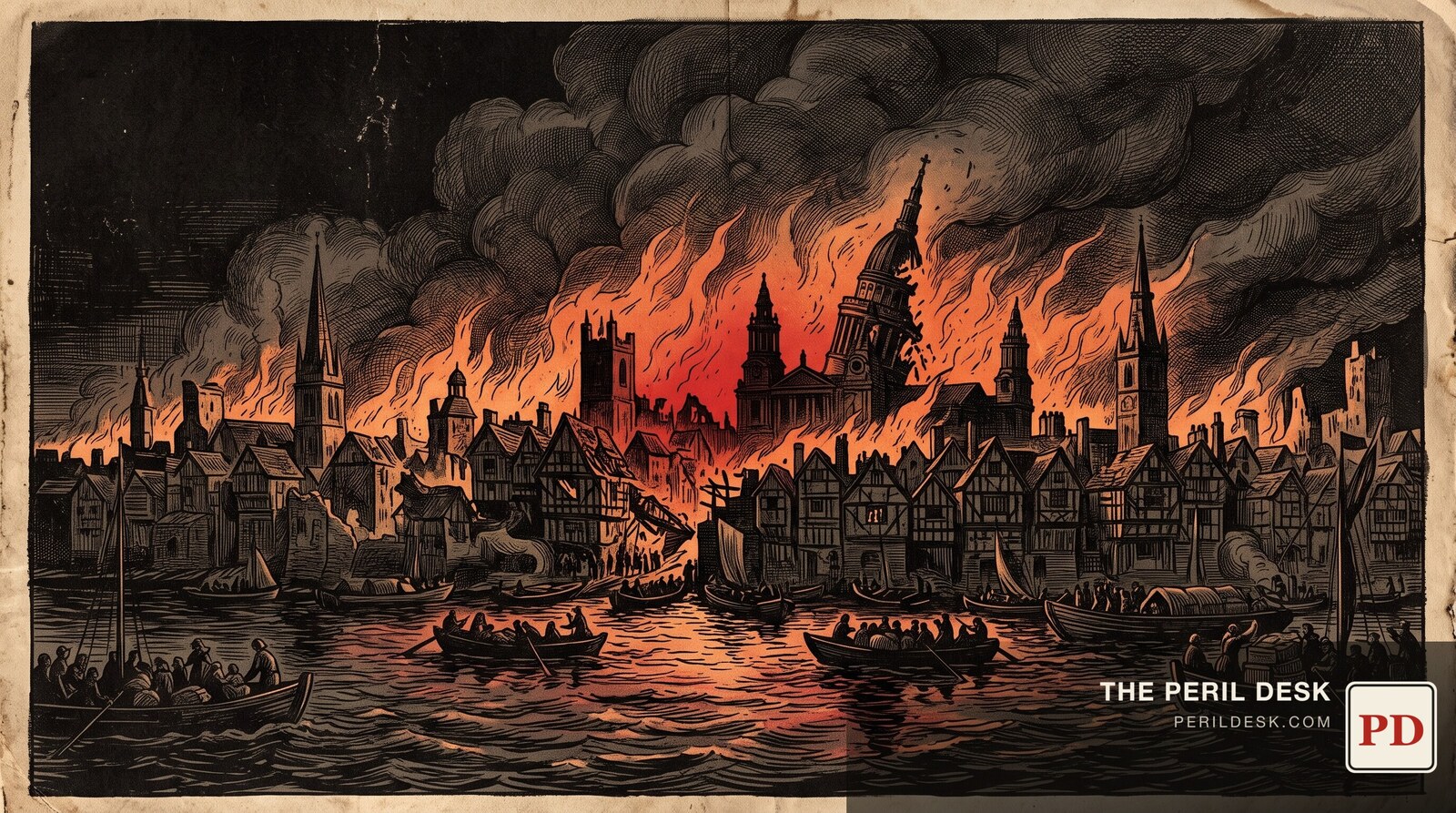 Old London engulfed in flame, 1666. Original art for The Peril Desk.