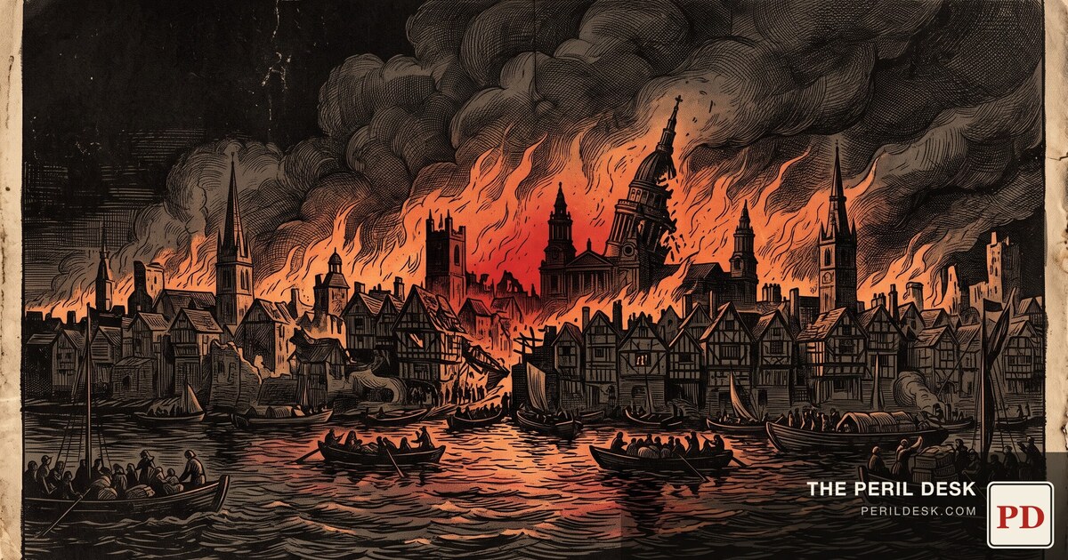 Old London engulfed in flame, 1666.